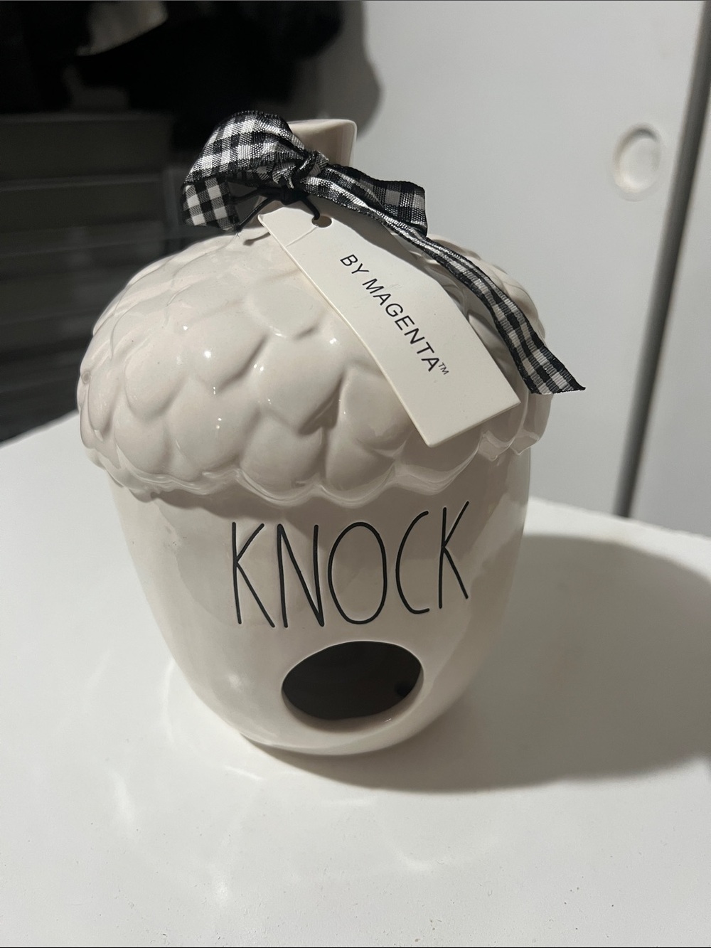 Rae Dunn Cream Acorn Canister with Black Lettering